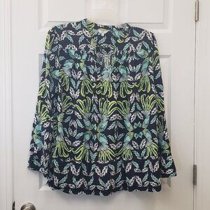 Crown & Ivy, NWOT long sleeve blue green peacock ruffle bottom tunic, XL